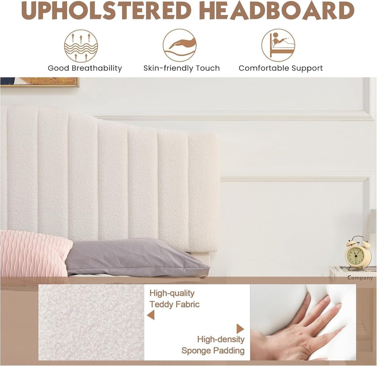 VECELO Full Size Upholstered Platform Bed Frame with Adjustable Teddy Fabric Headboard, Strong Wood Slats, 7.9" Under-Bed Storage, Noise-Free, No Box Spring Needed - Beige VECELO