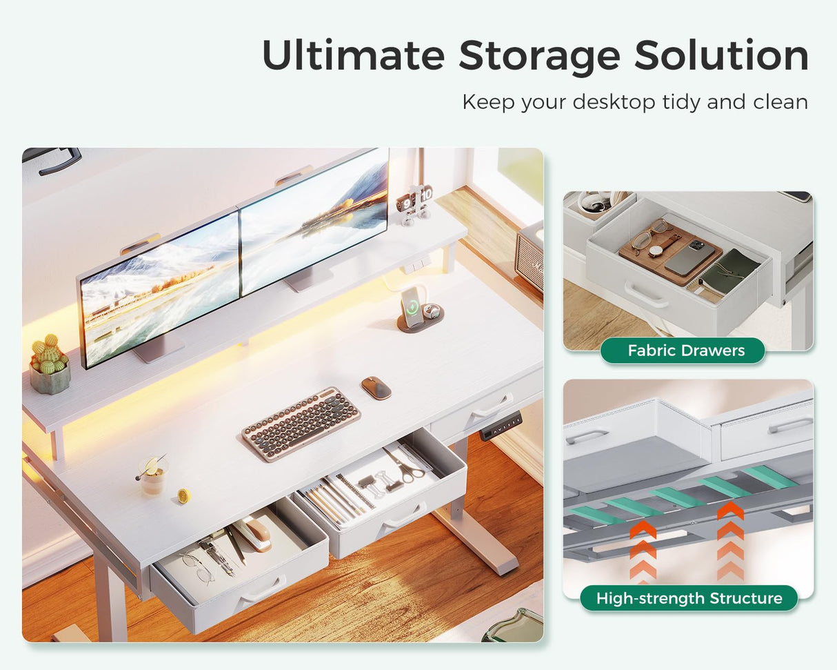 AODK Electric Standing Desk with Drawers, 47 Inch Height Adjustable Small Desk with Power Outlets & LED Lights, Sit Stand Table with Monitor Stand for Home, Office, Workstation, White AODK