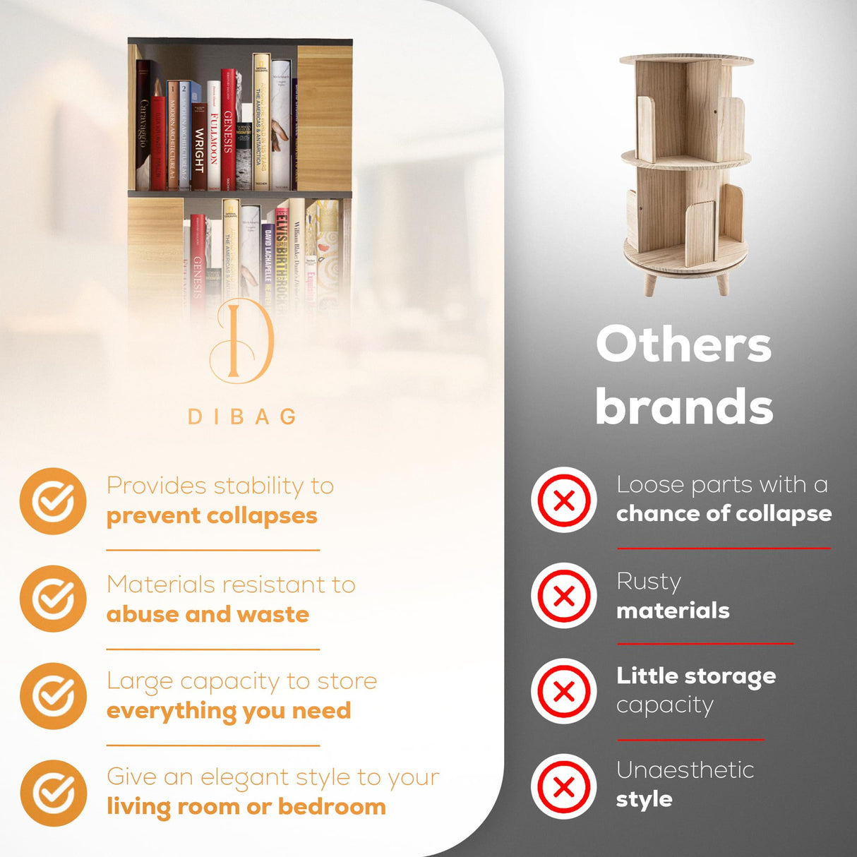 DIBAG Rotating Bookshelf - 15.75"x15.75"x63.19", Made of MDF, 360ΒΊ, Assembly Tools Included - Spinning Bookshelf Tower, Revolving Bookcase, Swivel Bookcase, Rotating Bookshelf Tower DIBAG