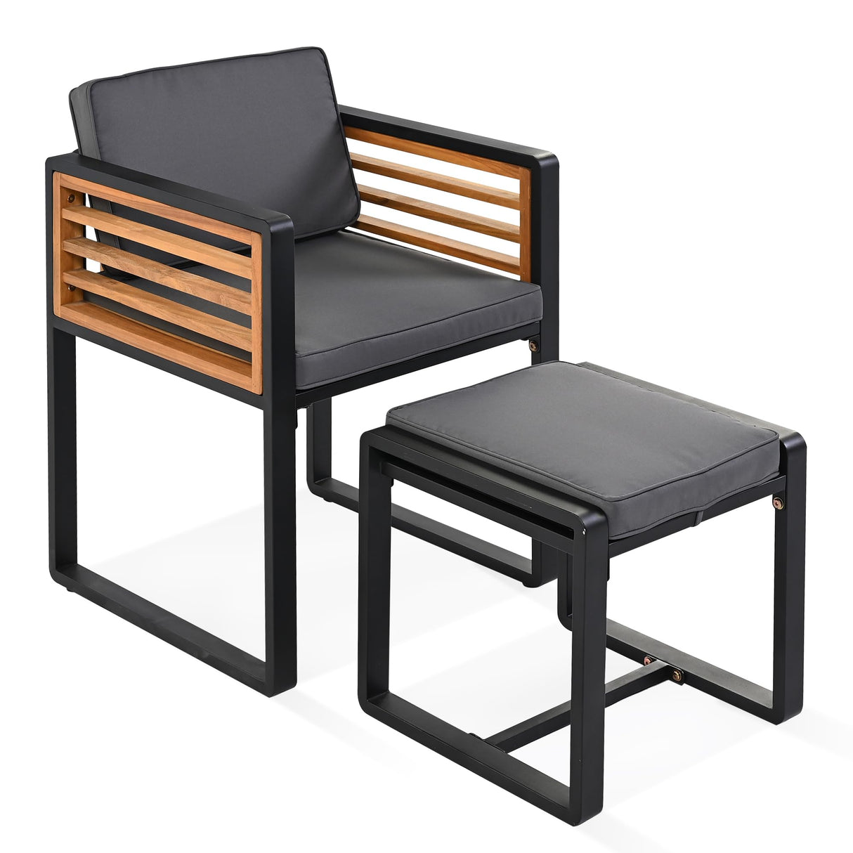 18-Pieces Acacia Wood Patio Dining Set, 8 Cushioned Chairs & 8 Ottomans & 2 Square Table,Space Saving Outdoor Patio Set for Backyard, Garden, Deck and Poolside (Gray/18) CKLMMC