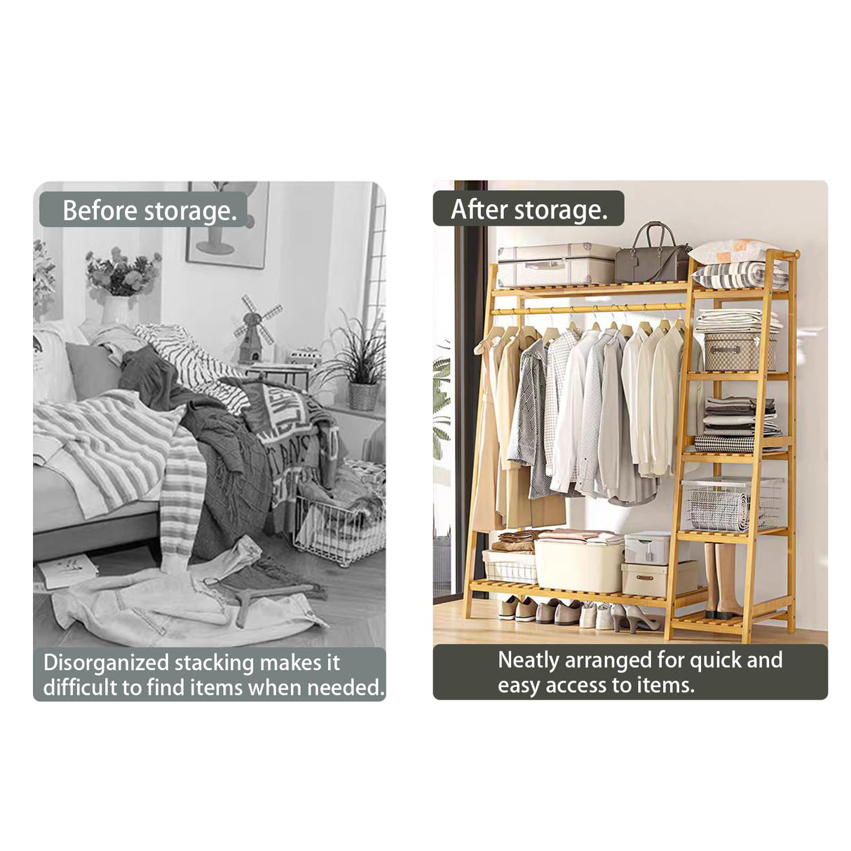 Baveke Bamboo Clothing Garment Rack 7 Tier Storage Shelf Coat Clothes Hanging Rack, Portable Wardrobe Closet Organizer With Top Shelf, Shoe Storage Shelves for Bedroom (Natural - 51.2 in) Baveke