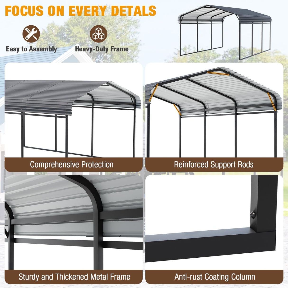 EBE 10 x 15 FT Metal Carport, Heavy Duty Carports with Galvanized Steel Roof, Outdoor Carport Canopy Garage Shelter Shade for Car, SUV, Truck, Boats and Tractors EBE
