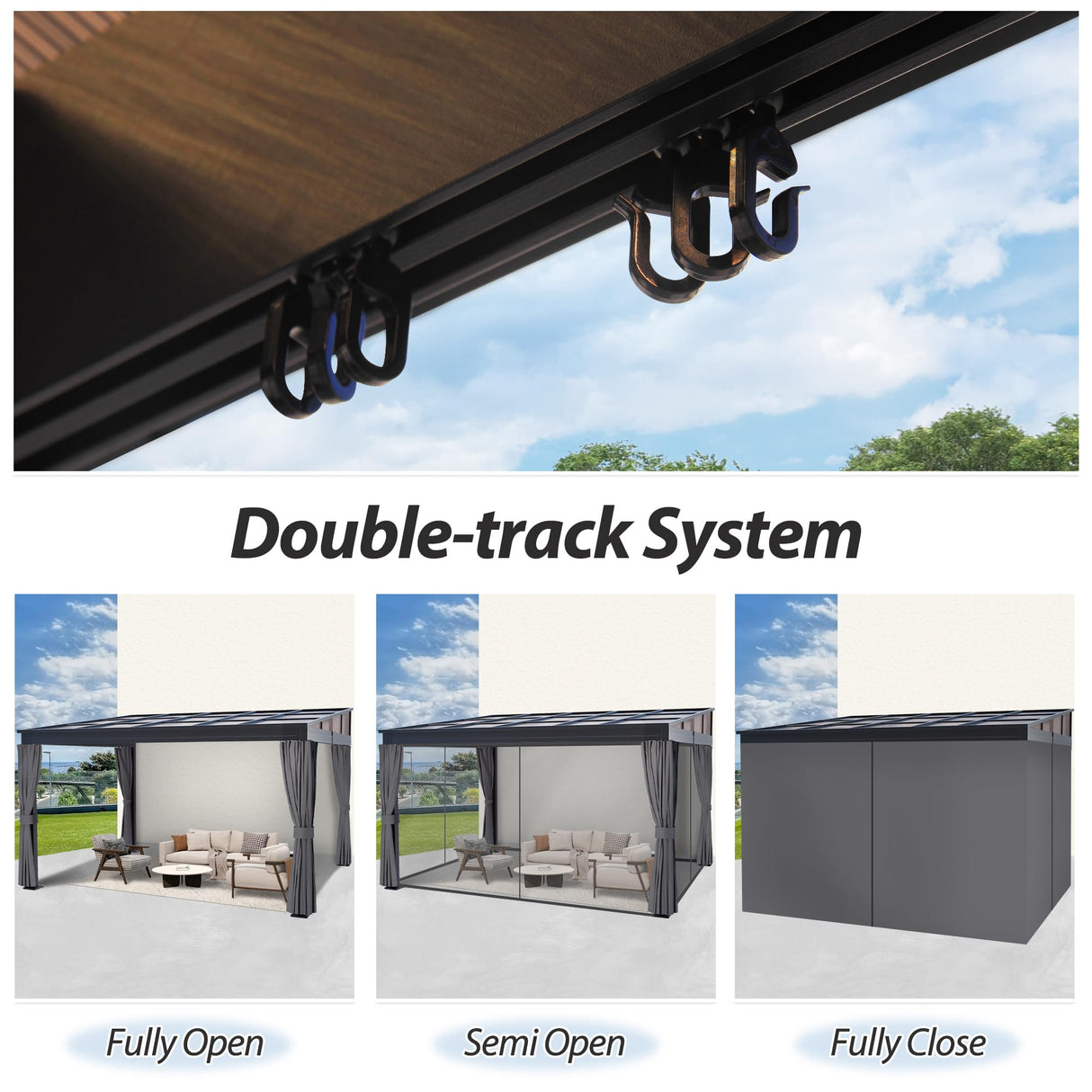 QZEN 10' x 13' Hardtop Lean to Gazebo, Wall Mounted Gazebo with Sloping Polycarbonate Roof and Netting & Curtain, Aluminum Frame Gazebo for Garden, Lawn, Backyard Deck (10’x13’) QZEN