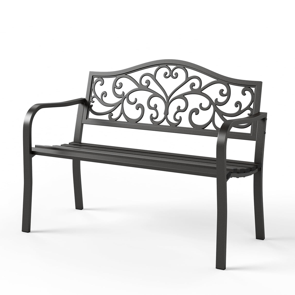 Sophia & William Outdoor Bench, Metal Garden Bench, Cast Iron Park Benches for Outside with Floral Design Backrest, Black Sophia & William