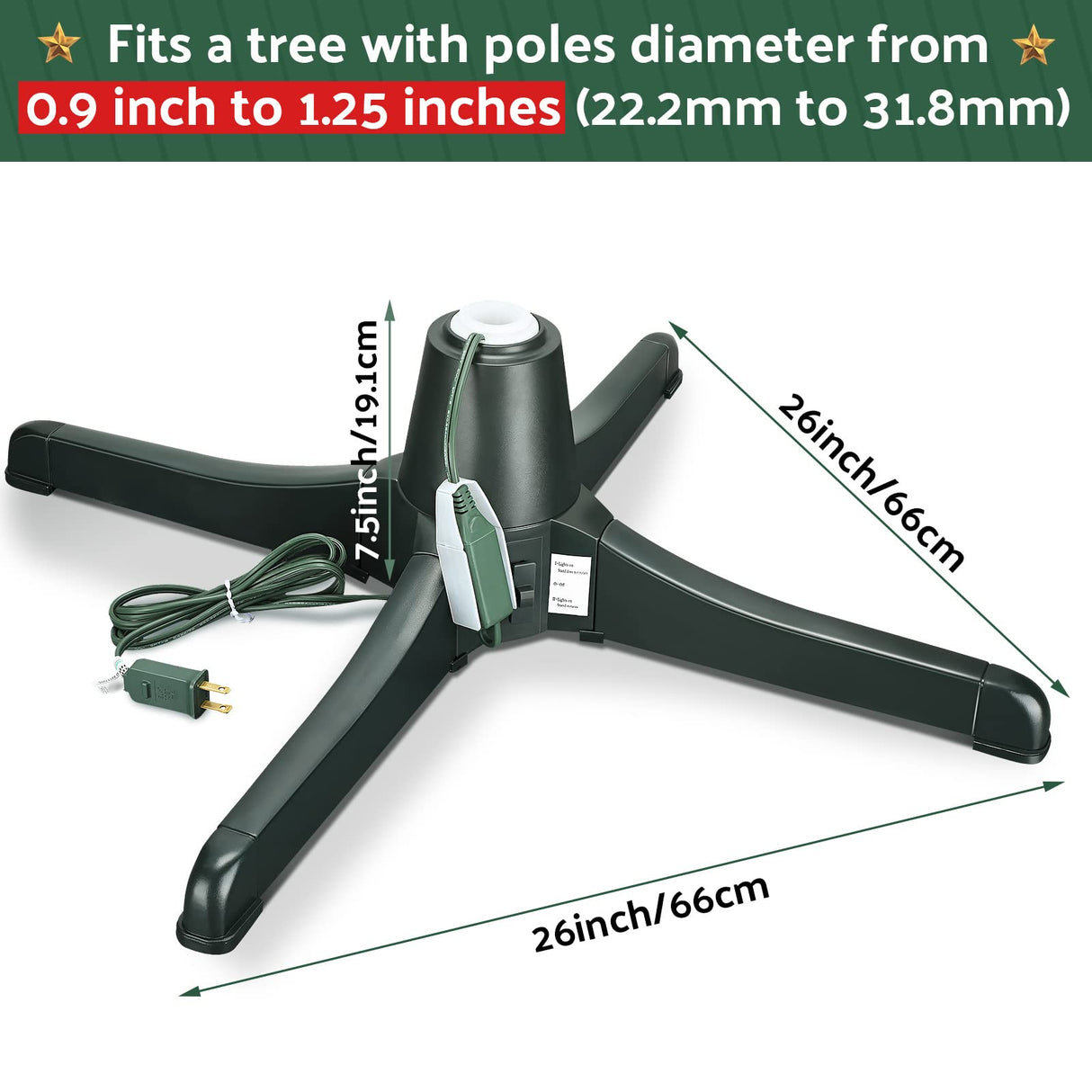 Hortsun Christmas Tree Stand 360 Degree Rotating Adjustable Tree Stand Replacement Electric Revolving Xmas Tree Base for up to 7.5ft Artificial Holiday Trees, Green Hortsun