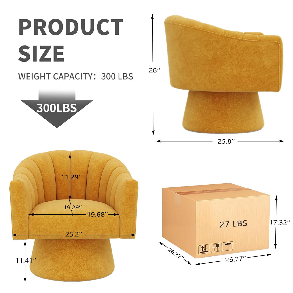 Swivel Accent Chair,Upholstered Velvet 360° Swivel Barrel Chair for Living Room Overstuffed Bouncle Reading Chair Round Armchair for Bedroom,Vanity,Office(Mustard) SEYNAR