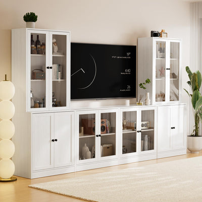 TUSY 4-Piece Large TV Stand with Bookshelves for TVs up to 75", TV Entertainment Center Media Center with Tempered Glass Doors and Shelves, TV Hutch for Living Room White (2B+2D)