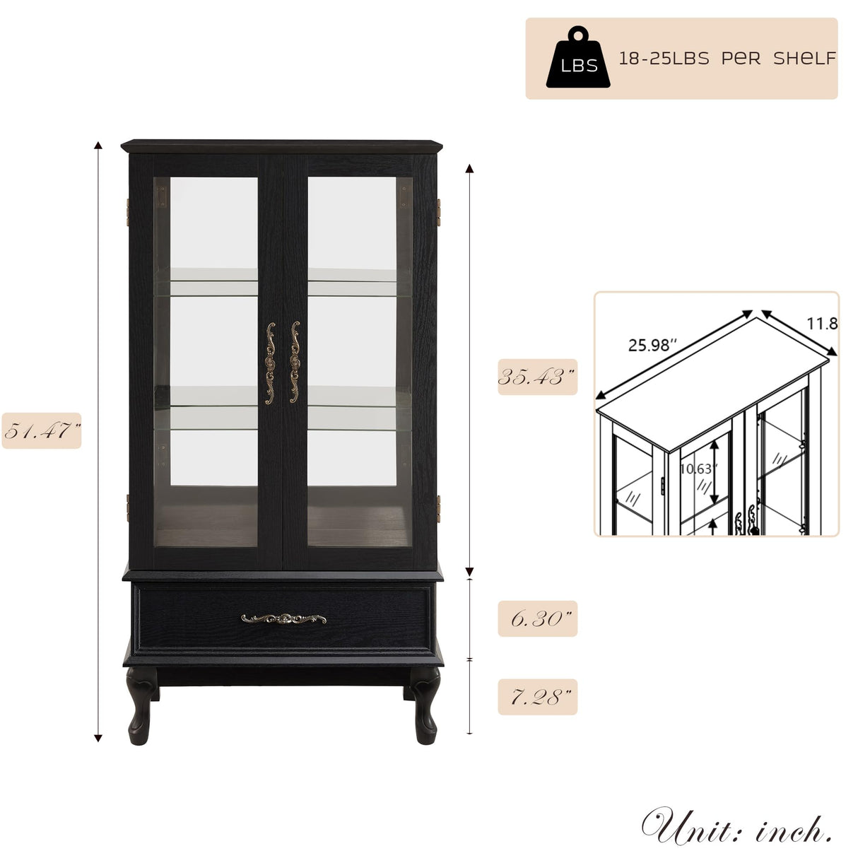 CKEASEAN Lighted Curio Cabinet, 52" H Glass Display Cabinet with Adjustable Shelves, China Cabinet with Tempered Glass Doors for Living Room, Light Blub Included (Black) CKEASEAN