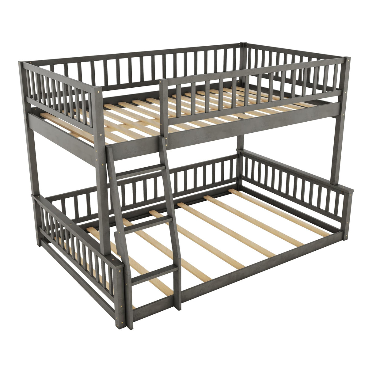 Merax Wooden Bunk Bed Full XL Over Queen for Adults Teens, Full XL Over Queen Bunk Beds with Incline Ladder and Guardrails, Bunk Beds Can Be Divided into 2 Platform Beds, Wood Slats, Grey Merax