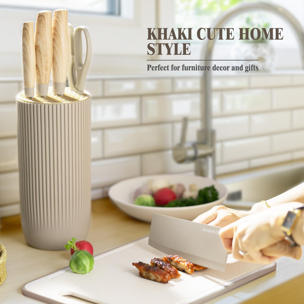 Knife Set, Astercook 6 Piece Khaki Kitchen Knife Set, Non-stick Stainless Steel Knife Block Set, Anti-Rust Dishwasher Safe Knife Set with Block Astercook