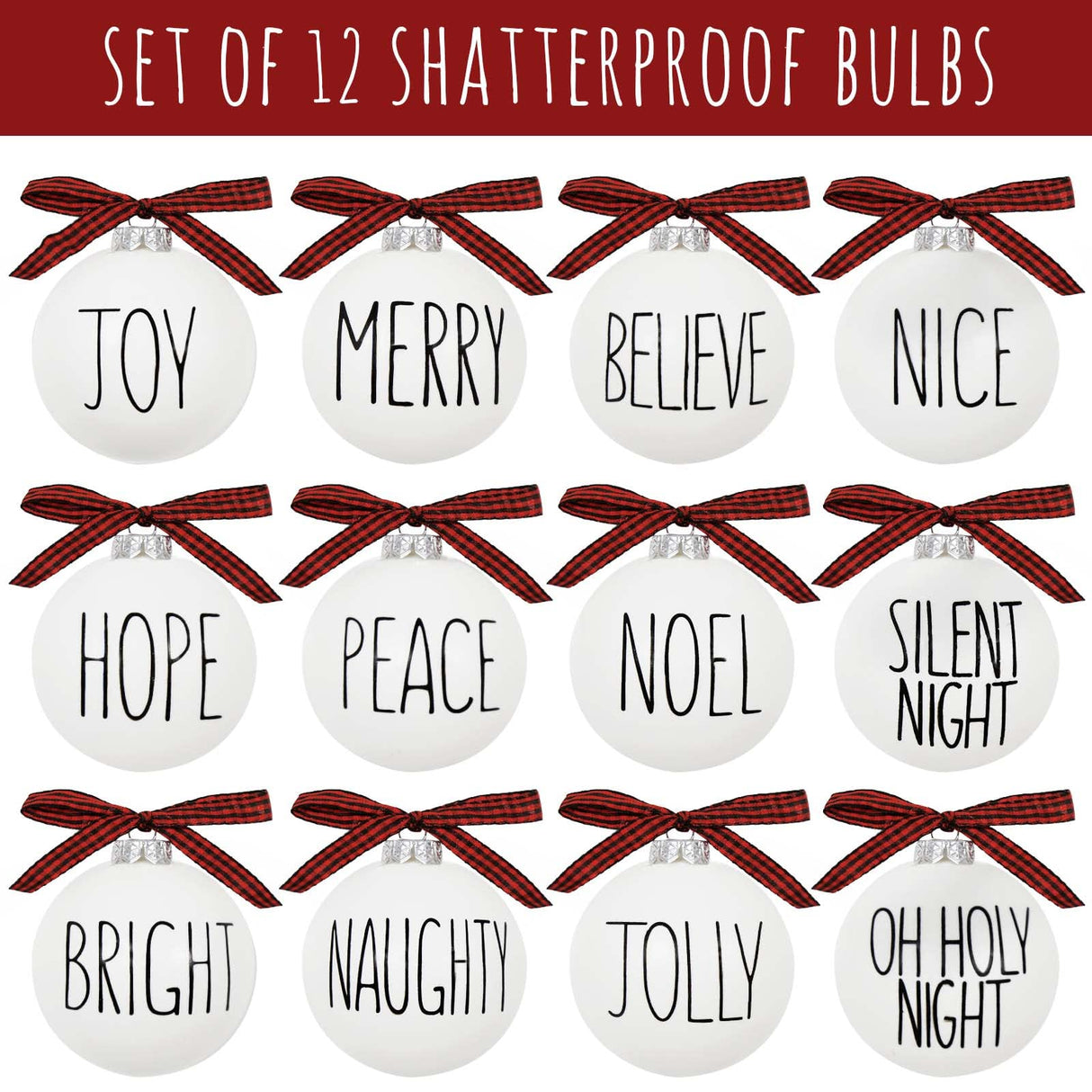 Christmas Ornaments - Set of 12 Shatterproof White Bulbs Adorned with Buffalo Plaid Bows - Rustic Farmhouse Christmas Tree Decorations for Xmas Tree Decor ORIENTAL CHERRY