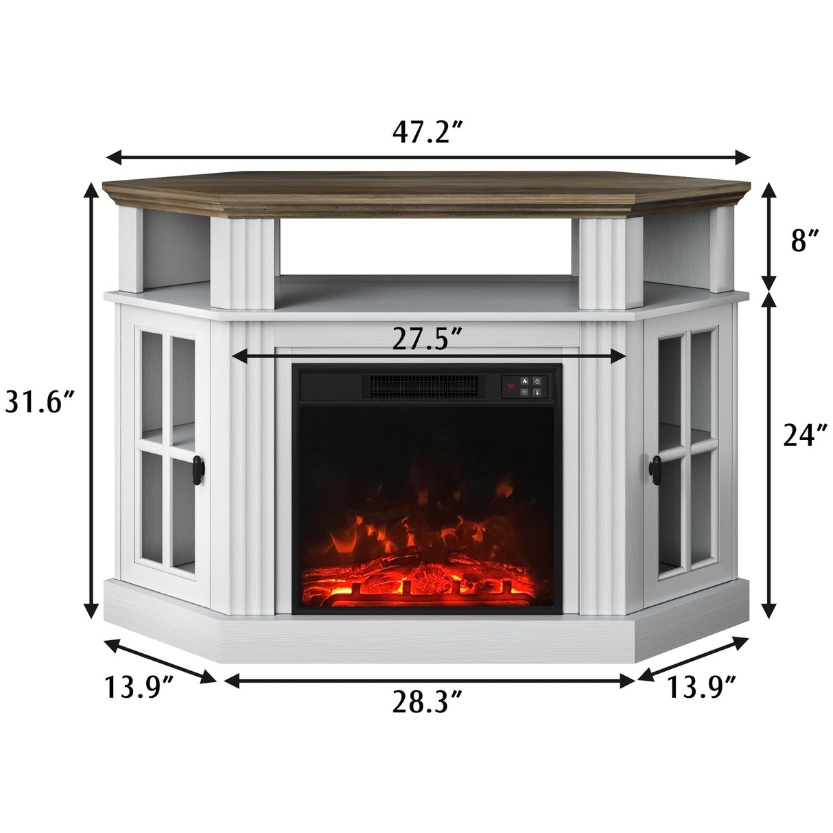 YESHOMY Corner Fireplace TV Stand for Television up to 55" with Storage Cabinets, Entertainment Center, Media Console for Living Room, Bedroom, White&Rustic YESHOMY