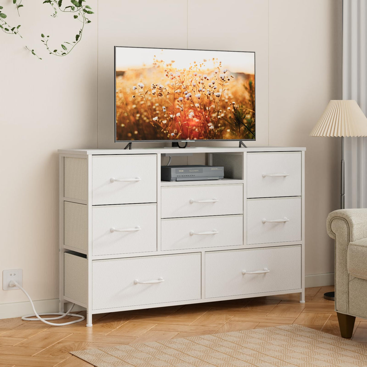 Furnulem White Dresser for Bedroom, Wide Chest of Drawers with Power Outlet for 55" TV Stand Entertainment Center, Deep 8 Drawers for Storage in Living Room,Entryway,Hallway,Closet(White) Furnulem