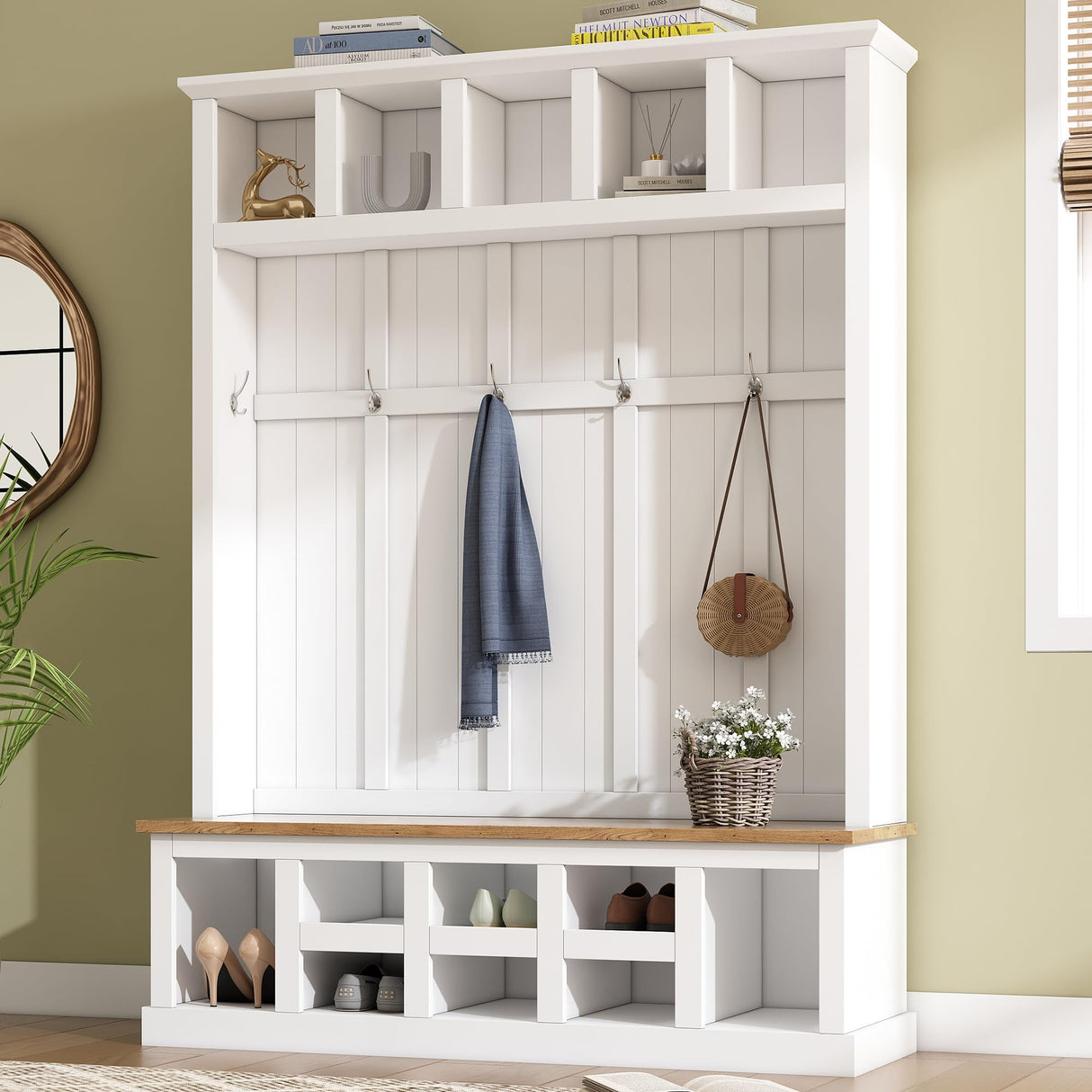 Merax Wood Hall Tree Entryway Bench with Storage Cabinet, 6 Hooks Coat Racks for Entrance, Hallway White Merax