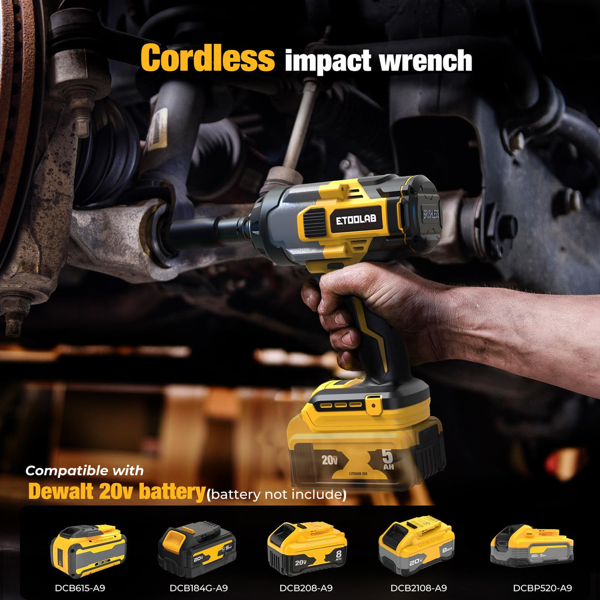 Impact Wrench 1/2 inch for DeWalt 20v Battery, Impact Wrench 750Ft-lbs(1000N.m) High Torque Brushless Electric Impact Gun, Power Impact Driver with 3-Mode Speed, LED Work Light(no battery) (Yellow) etoolab