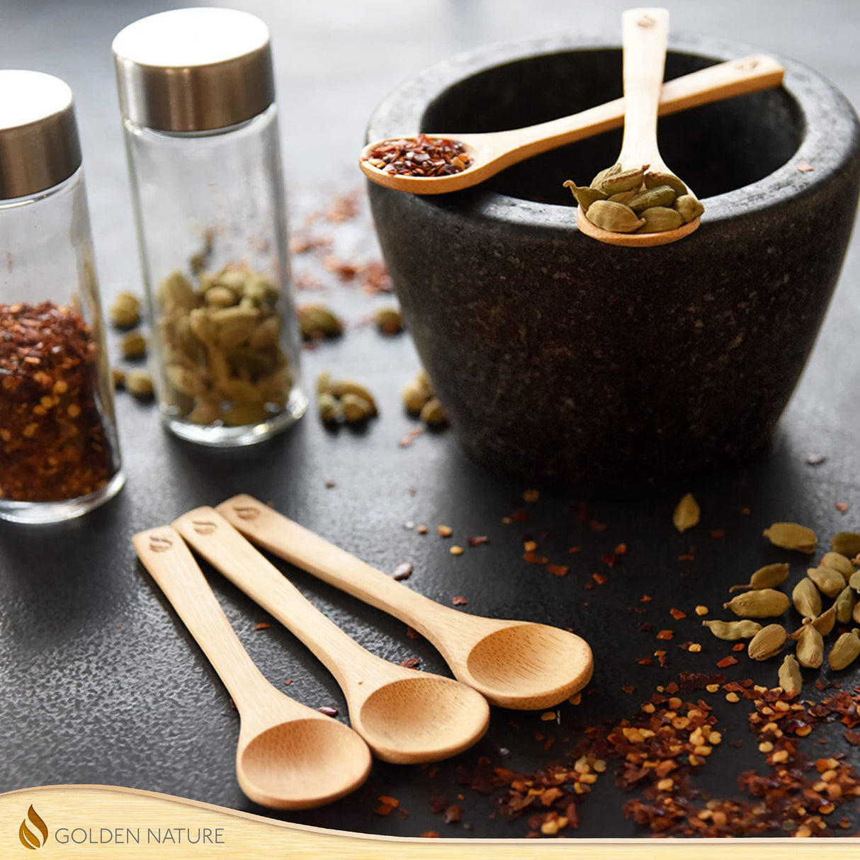 Golden Nature Bamboo Spoon Set (5 Pc), Small Kitchen Teaspoons, Tiny Wooden Spoons Perfect for Sugar, Spices, Seasoning, Coffee, Jam, Herbs, Honey & Dessert Golden Nature