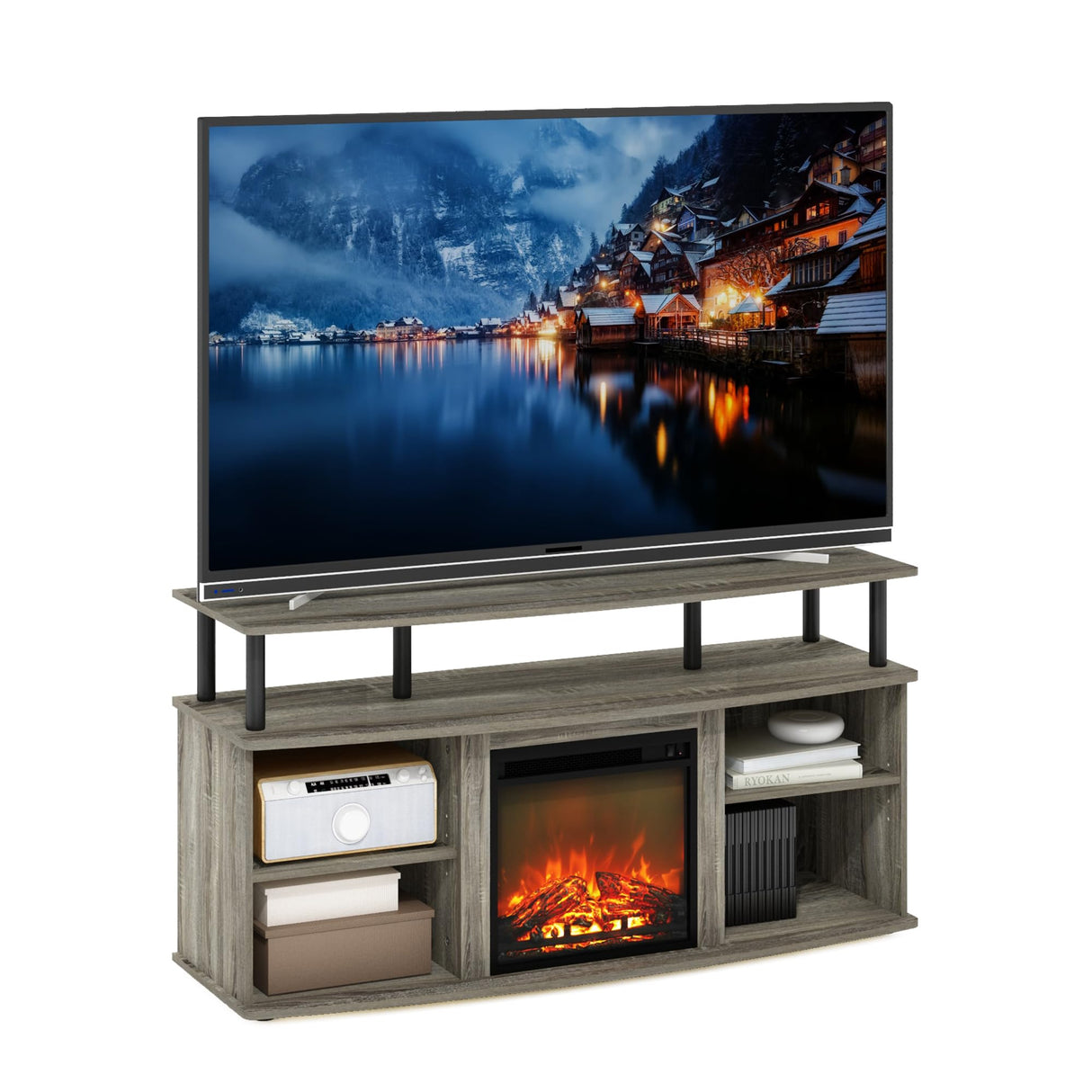 Furinno Jensen Open Shelving Storage Fireplace TV Entertainment Center for TV up to 55 Inch, French Oak Grey/Black Furinno