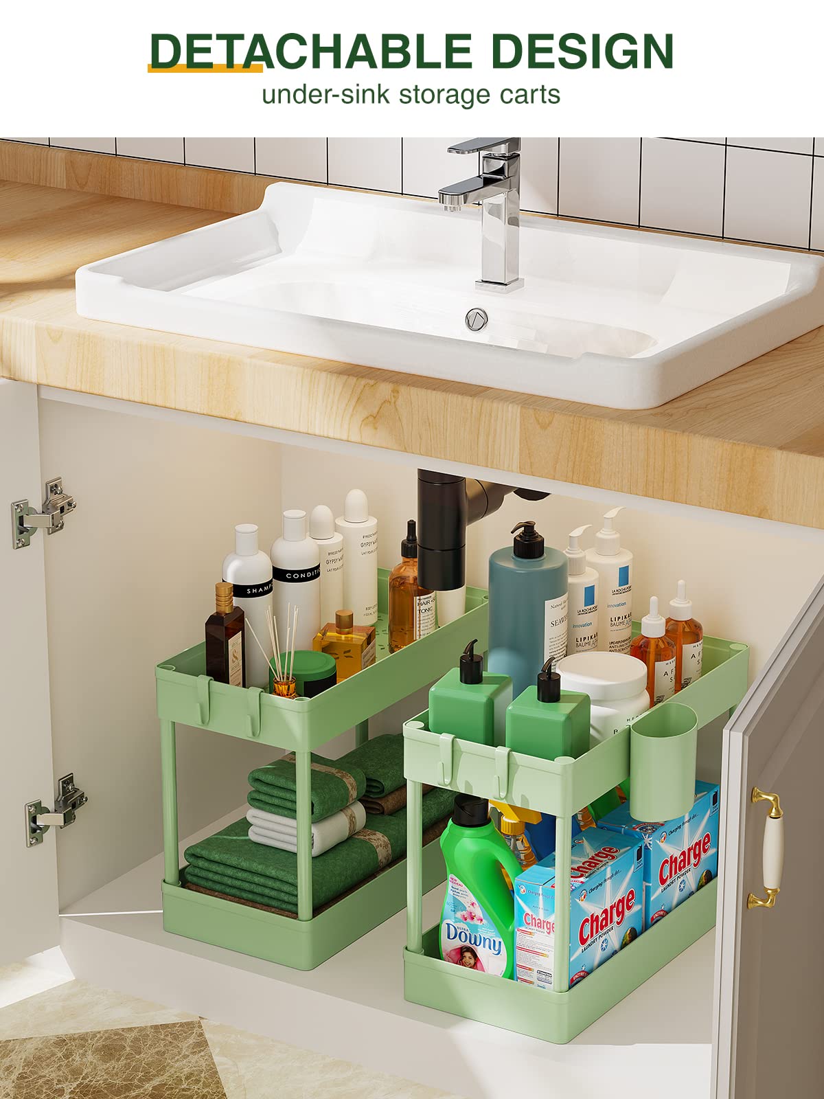 LEHOM Slim Rolling Storage Cart - 4 Tiers Bathroom Organizer Utility Cart Slide Out Storage Shelves Mobile Shelving Unit for Kitchen, Bedroom, Office, Laundry Room, Small Narrow Spaces, Green LEHOM