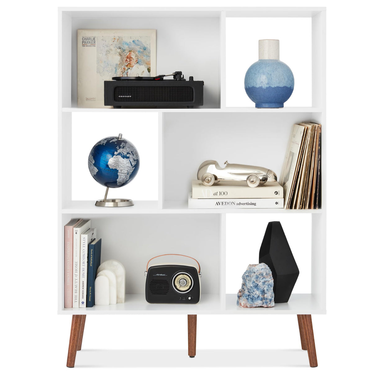 Best Choice Products 3-Tier Mid-Century Modern Wooden Bookcase, 6-Cube Organizer for Nursery, Kids Room, Living Room, w/Removable Back Panels, Pine Legs - White/Brown Best Choice Products