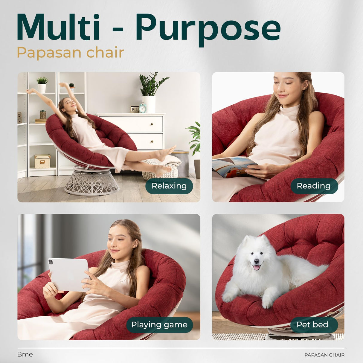 Bme 40" Ergonomic Wicker Papasan Chair with Soft Thick Density Fabric Cushion, High Capacity Steel Frame, 360 Degree Swivel for Living, Bedroom, Reading Room, Lounge, Cherry Sangria - White Base Bme