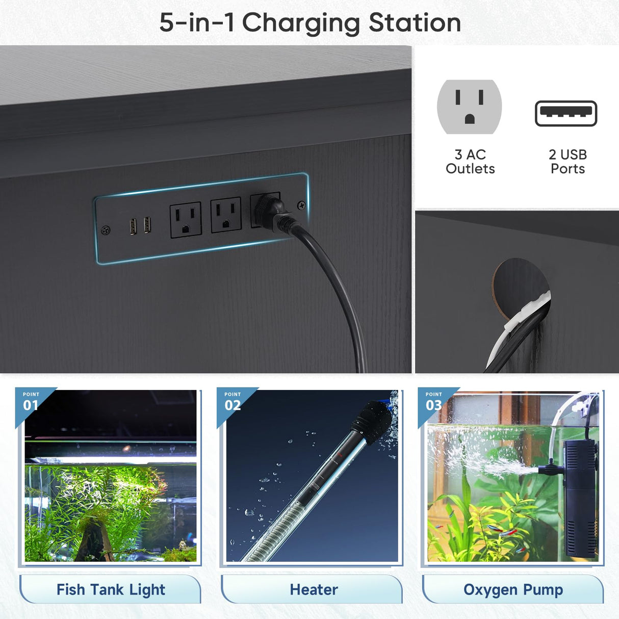 Verano 55-75 Gallon Aquarium Stand with Storage Cabinet, Fish Tank Stand with Power Outlets & LED Light, Wooden Turtle Tank 52 inch x 19.7-inch Desktop, Heavy Duty Metal Frame,1100LBS Capacity (Black) Verano Garden
