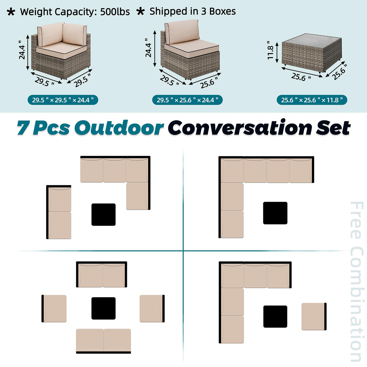 Shintenchi 7 Pieces Outdoor Patio Sectional Sofa Couch, Wicker Furniture Conversation Sets with Washable Cushions & Glass Coffee Table for Garden, Poolside, Backyard (Khaki) Shintenchi