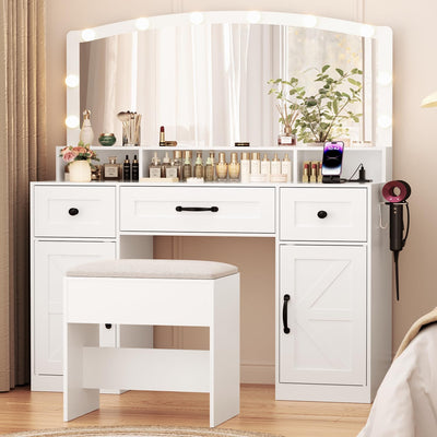 ERLEJIA Farmhouse Vanity Desk with Mirror and Lights&Stool and Power Outlet, 43.3" Large 3 LED Lights Modes Makeup Vanity Table with 7 Drawers, 2 Cabinets& Large Mirror,Bedroom Vanity Desk White