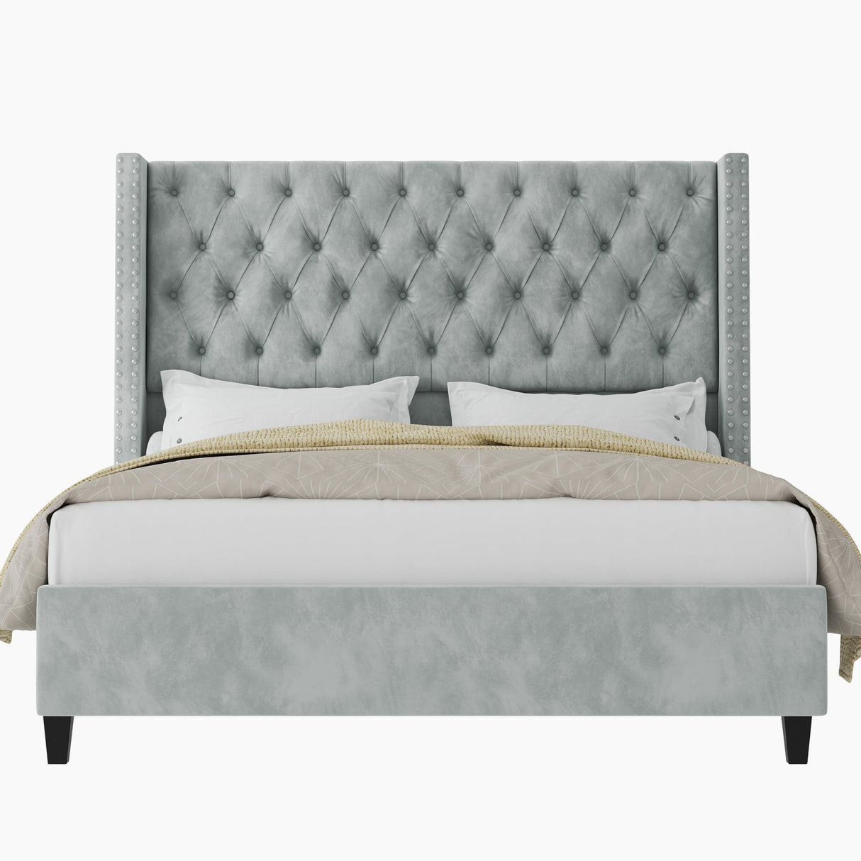 Jocisland Queen Size Bed Frame with 51.6” Wingback Tufted Velvet Headboard, Modern Upholstered Platform Bed, No Box Spring Needed, Easy Assembly, Light Grey Jocisland