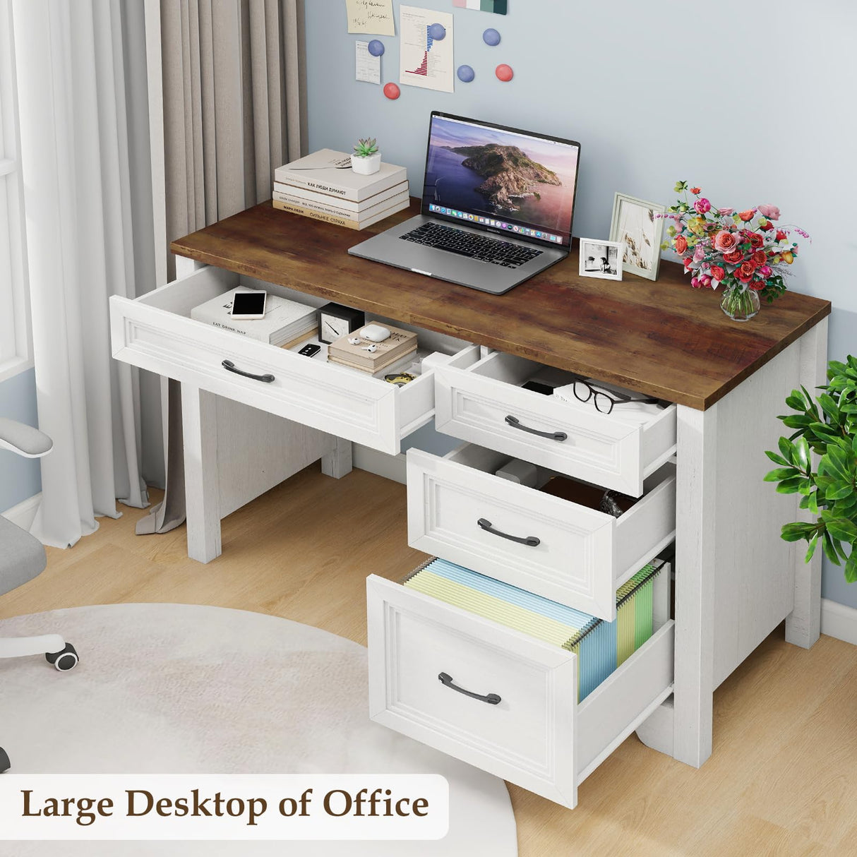 Halitaa Farmhouse Executive Desk with Drawers, Wood Computer Desk with Ample File Drawer, Rustic Home Office Desk with Storage for Bedroom, Living Room, White Halitaa