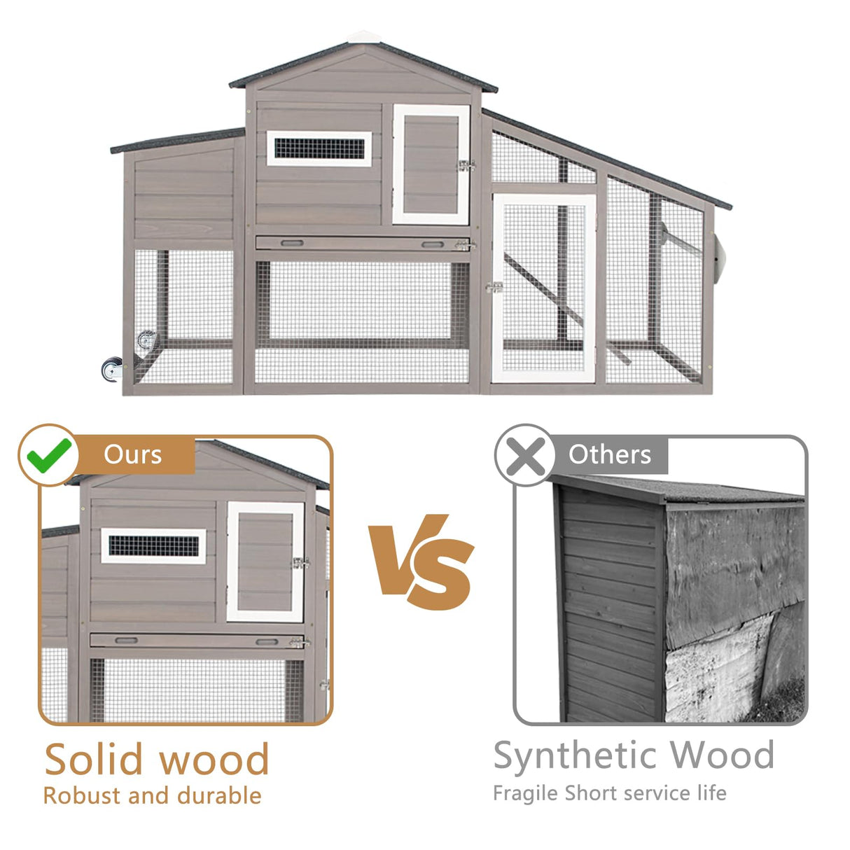 Ketive Chicken Coop Large Wooden Chicken Tractor - with Wheels Waterproof Outdoor Hen House Poultry Cage Back Yard Chicken Coops with Run, Laying Boxes and Secure Enclosure (Sloping Roof) ketive