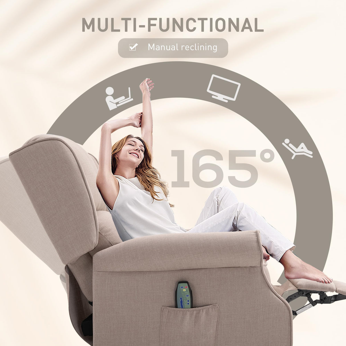 HOMCOM Vibration Massage Recliner Chair for Living Room with Heat, Wingback Single Sofa, Modern Linen Fabric Push Back Reclining Chair with Footrest, Side Pocket, Dark Beige HOMCOM