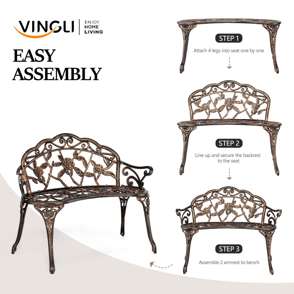 VINGLI 38.5" Patio Park Garden Outdoor Metal Rose Bench,Cast Iron Cast Aluminium Frame Antique Finish Chair,Accented Lawn Front Porch Path Yard Decor Deck Furniture for 2 Person Seat(Bronze VINGLI