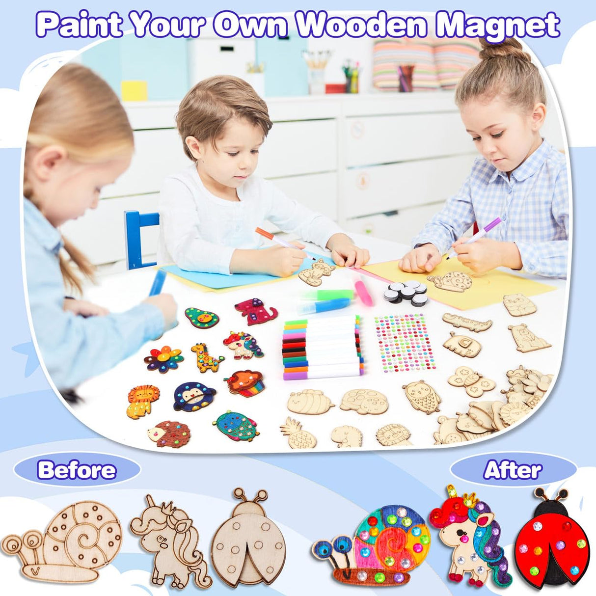 EAPHANT Kids Crafts, 30 PCS Arts and Crafts Painting Kits for Kids Activities Wooden Magnets to Paint EAPHANT