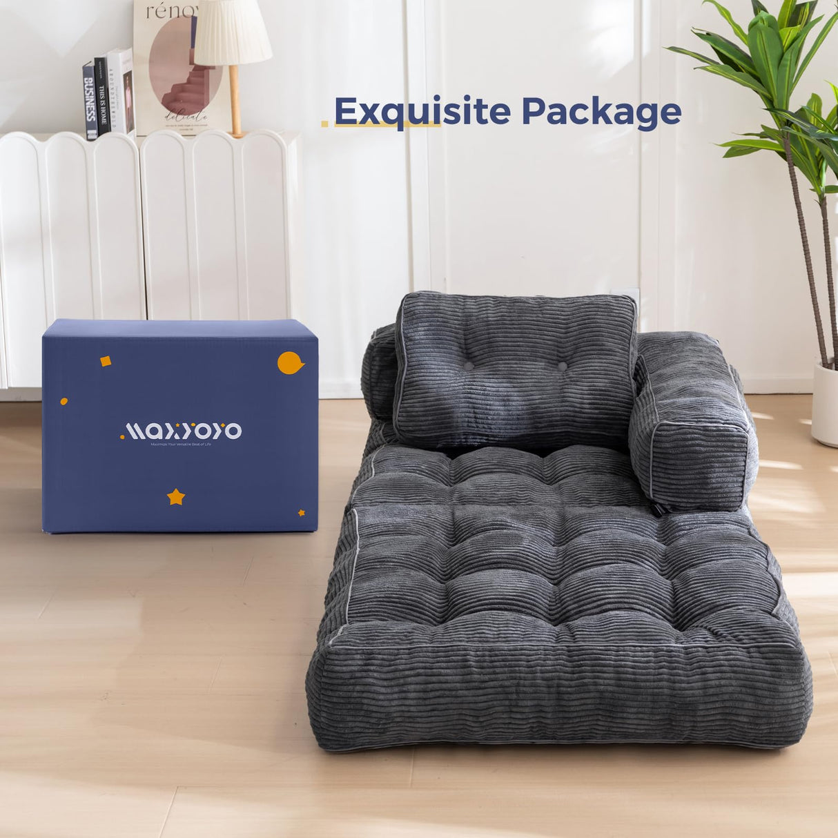 MAXYOYO Folding Sofa Bed, L-Shaped Convertible Sofa Bed with Armrest Foldable Sleeper Sofa with Pillow, Portable Fold Out Chair Bed Comfy Floor Sofa Lounge for Living Room Bedroom, Dark Grey MAXYOYO