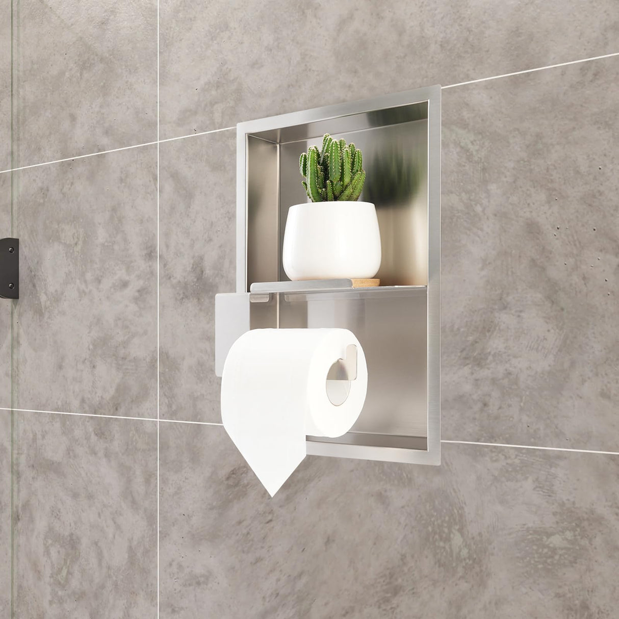 TRYWELL Recessed Toilet Paper Holder Stainless Steel Brushed Shower Niche No Tile Needed Bathroom Shelves Niche for Wall Tissue Storage Decor BK01-SS TRYWELL