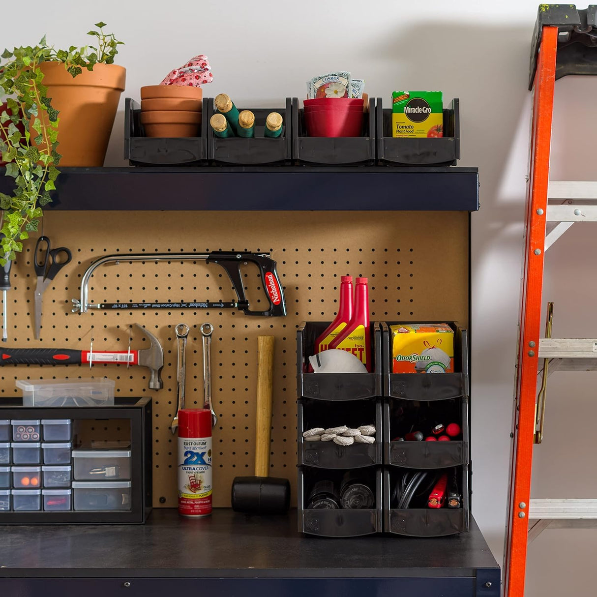 IRIS USA Medium Stackable Storage Bins, 8-Pack, 11"L x 6"W x 5"H, |Made in USA|, Plastic Open Front Shelf Bin for Organizing Parts, Hardware, Tools, Supplies, Garage Shelf, Pantry - Black IRIS USA