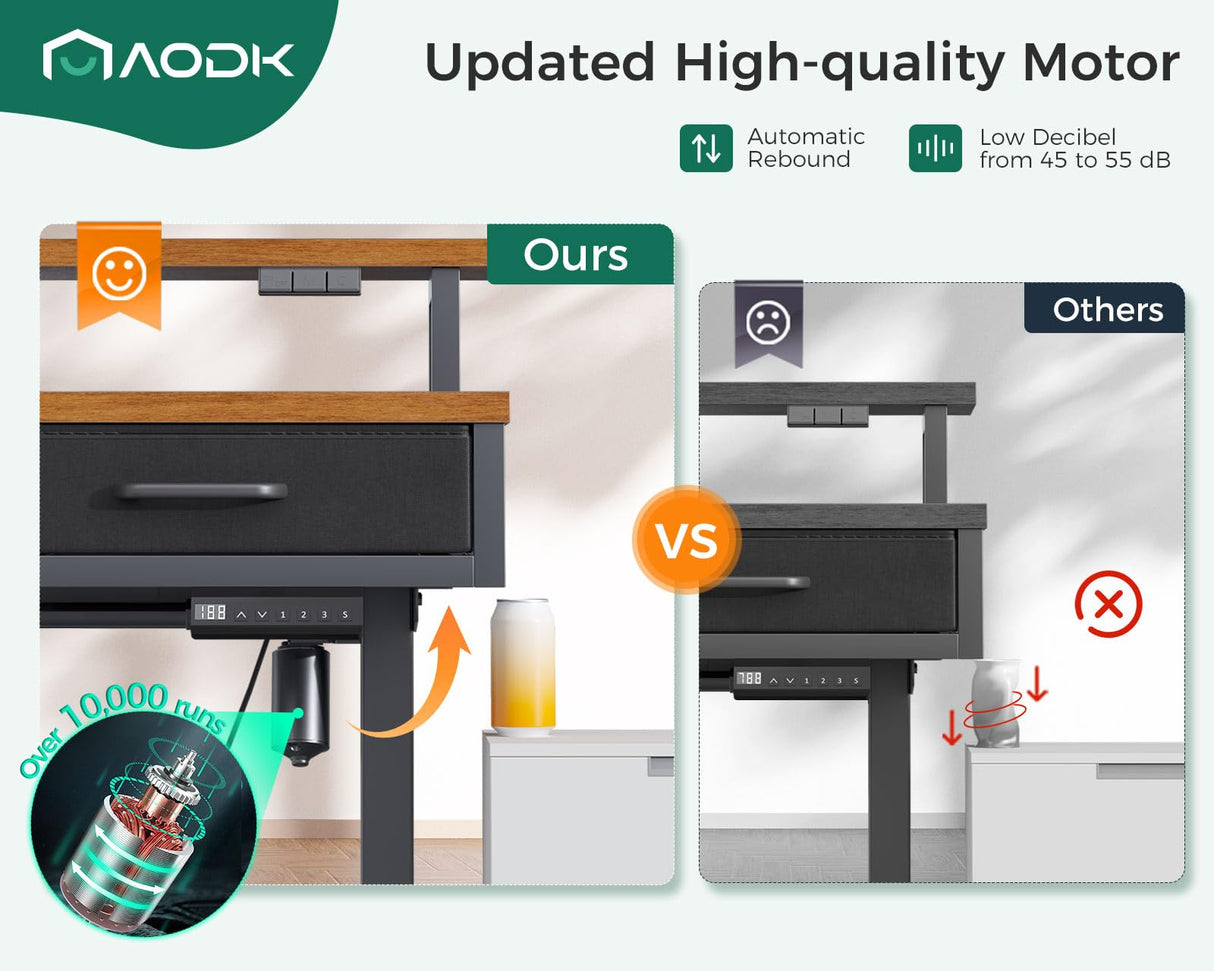 AODK 55 Inch Electric Standing Desk with 3 Drawers, Brown, Height Adjustable Desk with Power Outlets & LED Lights, Stand Up Desk with Monitor Shelf, Sit Stand Desk Computer Workstation AODK