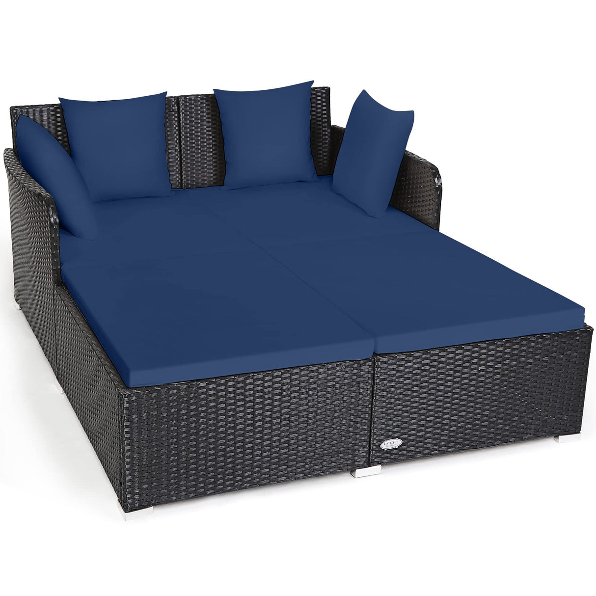 Tangkula Outdoor Rattan Daybed, Sunbed Wicker Furniture w/Spacious Seat, Upholstered Cushion & High-Resilience Sponge, Wicker Patio Sofa Set w/Extra Pillows for Courtyard Poolside (Navy) Tangkula
