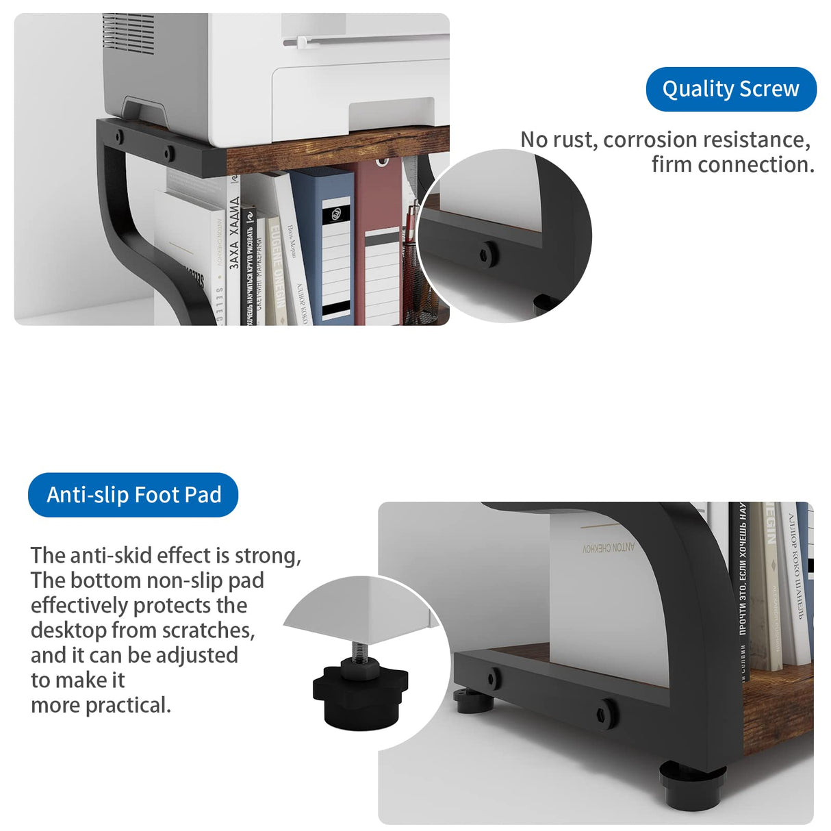 PUNCIA 2 Tiers Small Retro Wood Home Office Desktop Printer Stand Laser Printer Copier Stand with Storage Rustic Tabletop Heavy Duty Organizer Rack Shelf Desk Dual for Small Space Double Tiers Tray PUNCIA