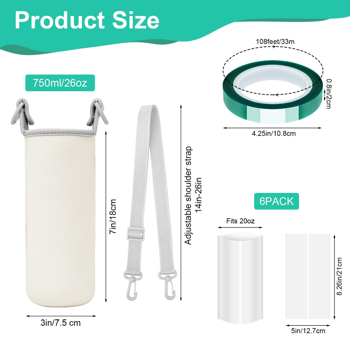 13PCS Sublimation Water Bottle Carriers Bag Blanks 26oz Insulated Neoprene Water Bottle Holder Crossbody Water Bottle Sleeve Pouch Cover for 750ml with Adjustable Strap for Adult Kids Hiking Walking Piklodo