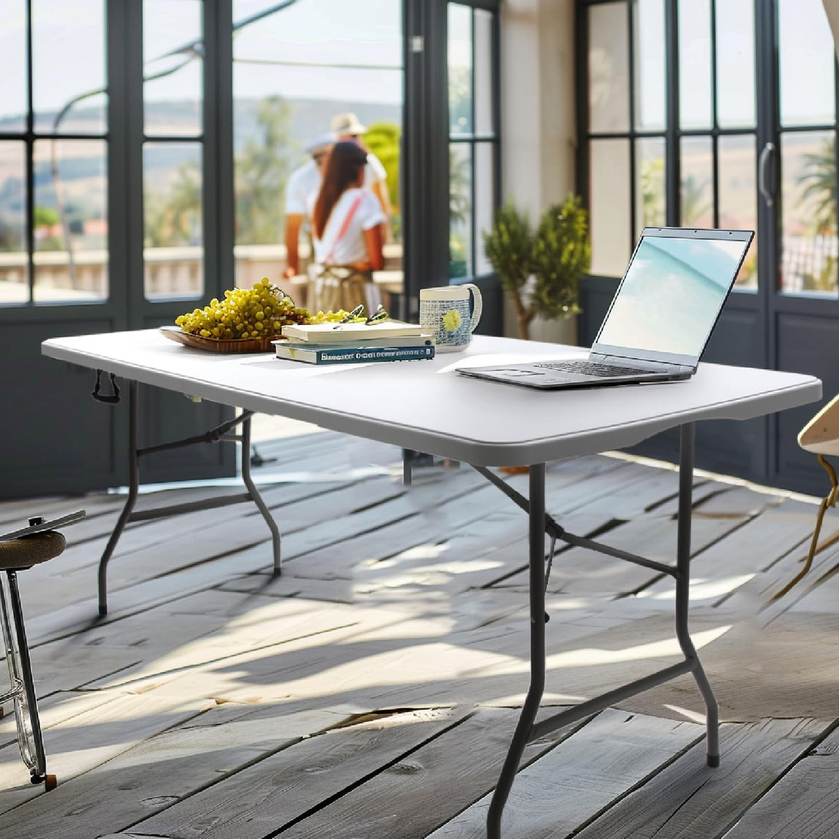 CARTMAN 6FT Folding Picnic Table Portable Fold-in-Half Plastic Dining Picnic Party Table with Tablecloth, White CARTMAN