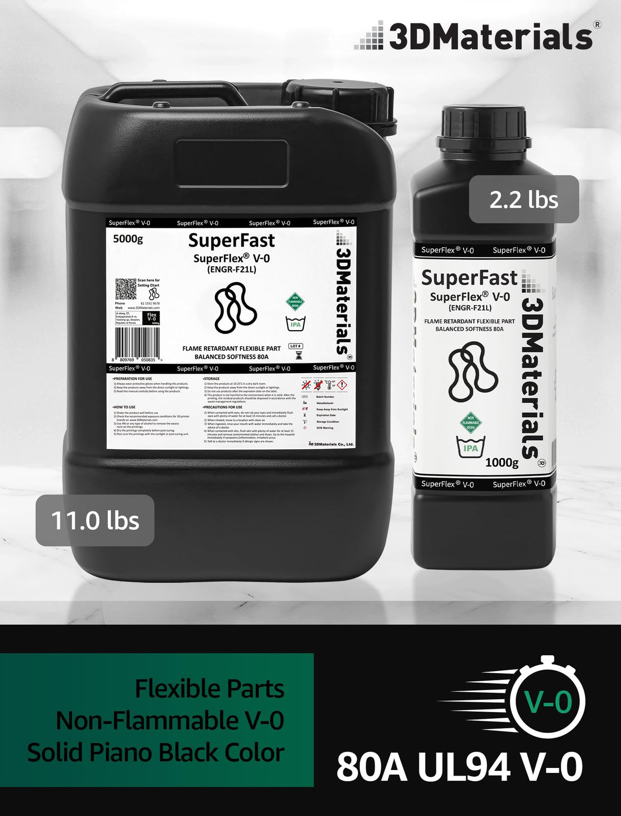 Superflex UL94 V-0, 3D Printer Resin, Flame-Retardant Parts Simulating Flexible Rubber 80A, Made in Korea by 3DMaterials (5000g, Black) 3DMaterials