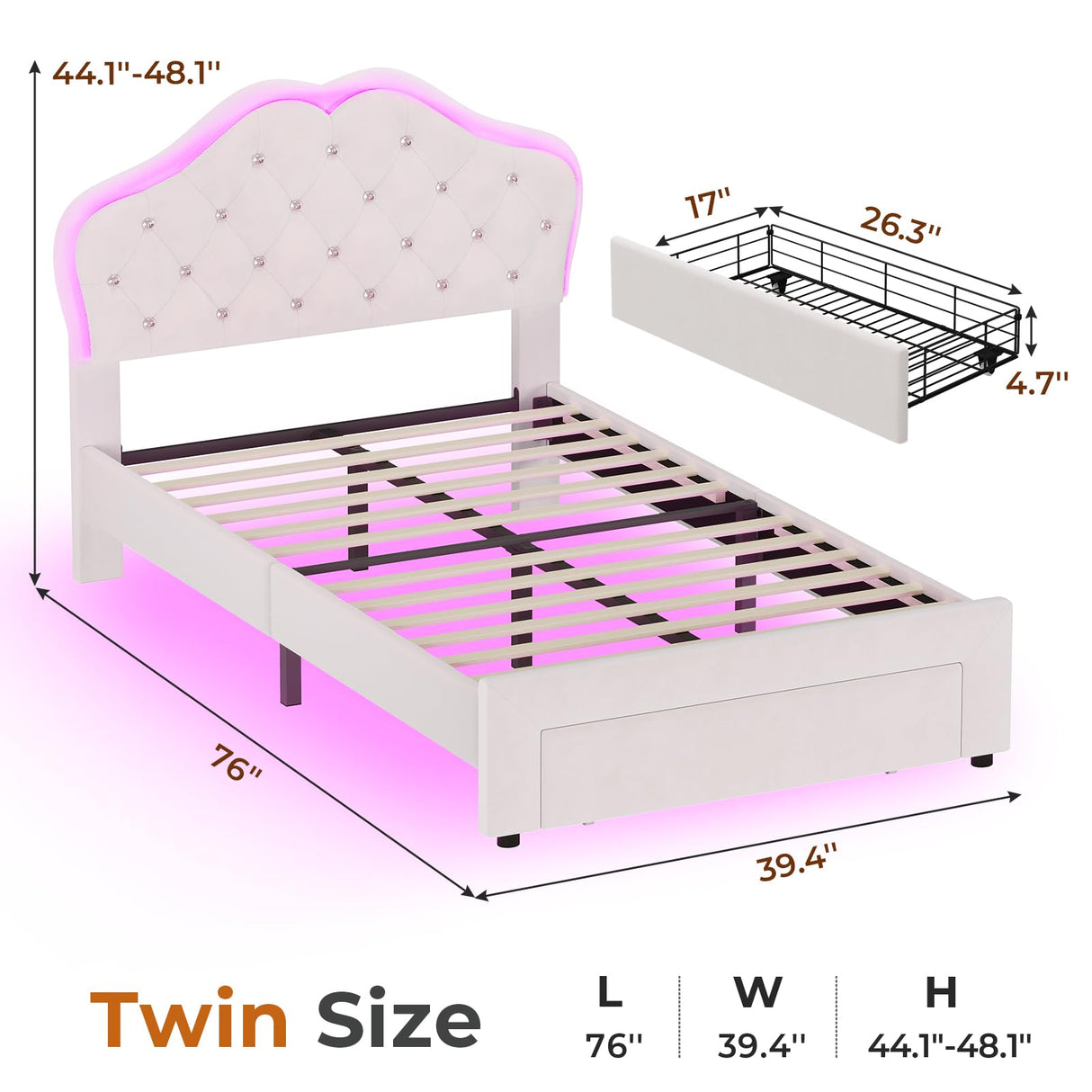 ADORNEVE Twin Size LED Bed Frame with Storage Drawer, Girls Twin Bed Frame with Adjustable Crystal Button Headboard, Velvet Princess Platform Bed for Girls, Solid Wooden Slats,Creamy White ADORNEVE