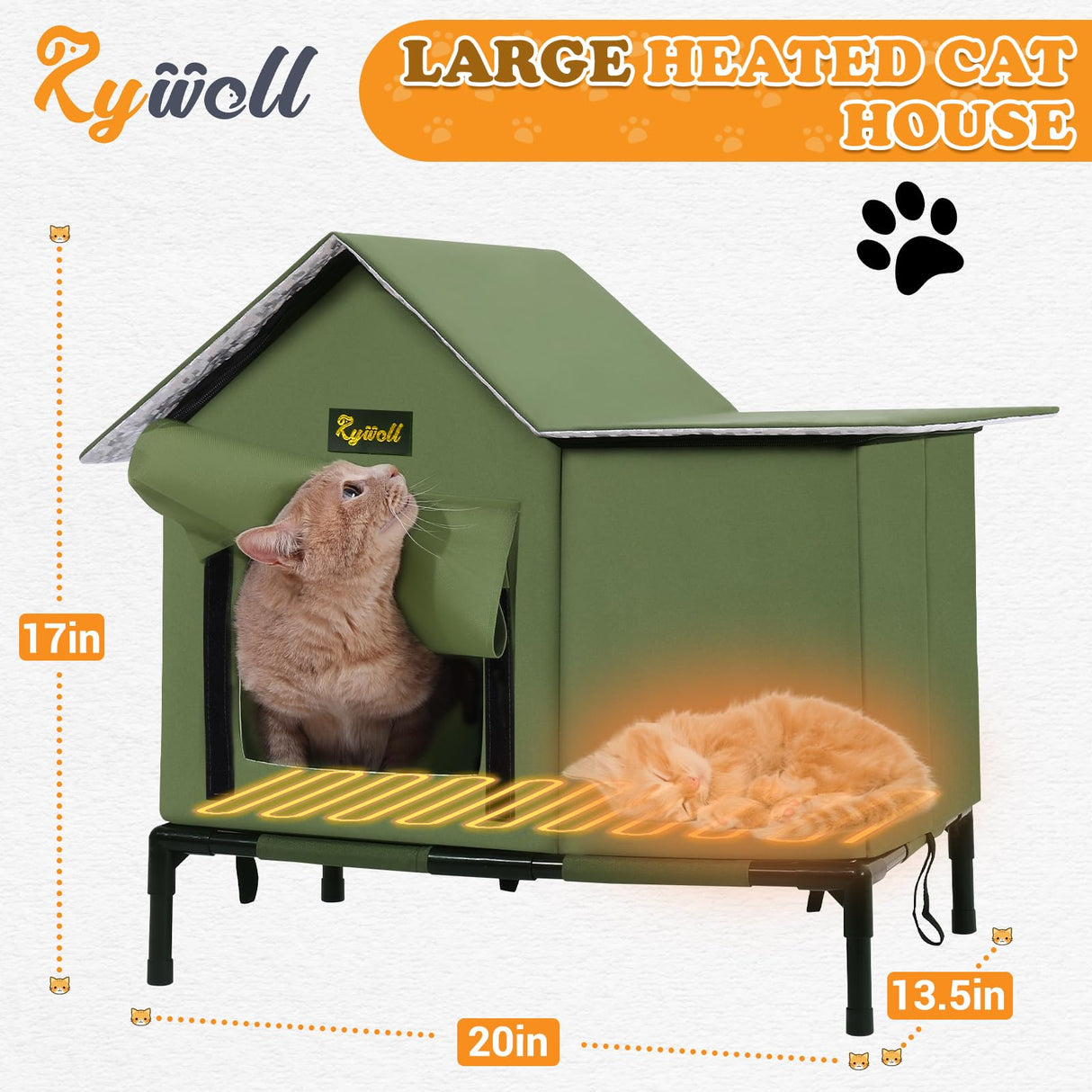 Rywell Heated Cat House for Outside Large,Super Insulated&Weatherproof,Heated Cat House for Cats, Elevated Heated Outdoor Cat House for Feral Cat with Waterproof Eaves,Timer & Temp Adjustable Rywell