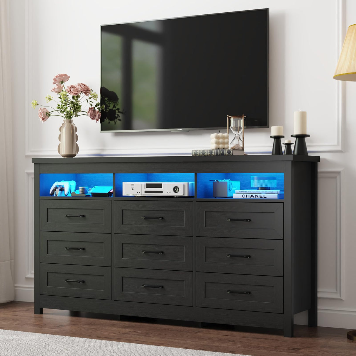 Hlivelood Farmhouse 9 Drawer Dresser with LED Lights, 63" Wide Large Chest of Drawers for Bedroom, Modern Wood Dresser Storage Organizer with Charging Station for Living Room, Bedroom, Hallway, Black Hlivelood