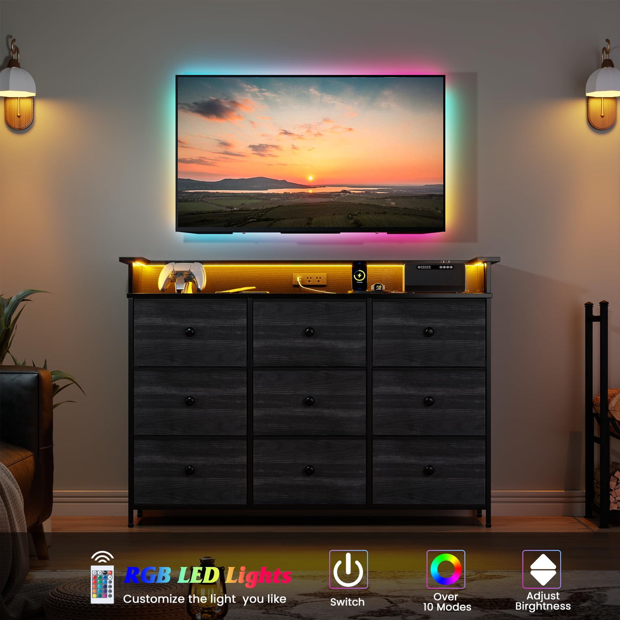 Nicehill Balck Dresser for Bedroom,9 Drawer Fabric Dresser with LED Light,TV Stand for Bedroom with Charging Station,Chests of Drawers for Living Room Hallway,Closet(Black Wood Grain Nicehill