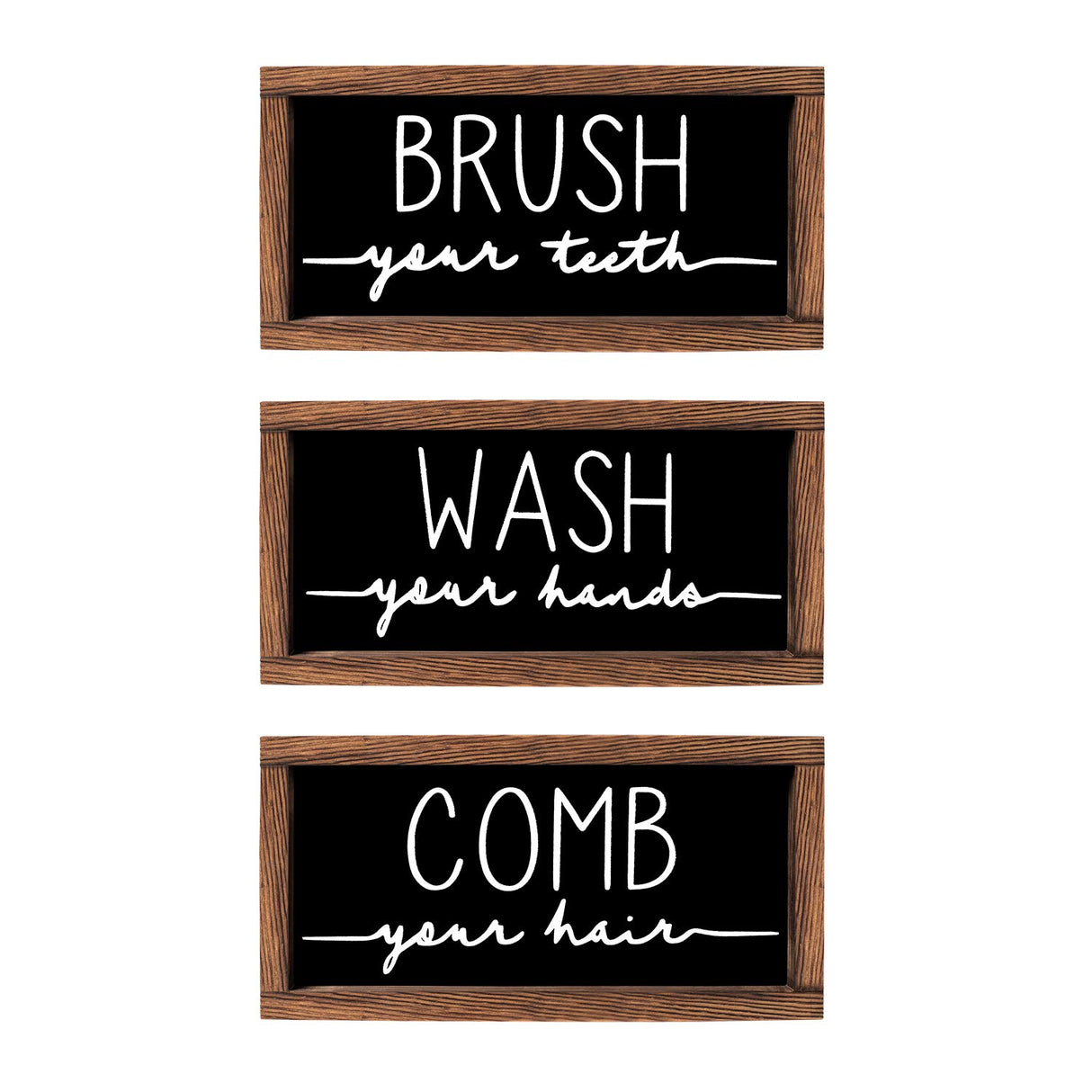 LIBWYS Bathroom Sign & Plaque (Set of 3) Wash Your Hands Brush Your Teeth Comb Your Hair Decorative Rustic Wood Farmhouse Bathroom Wall Decor (Black) LIBWYS