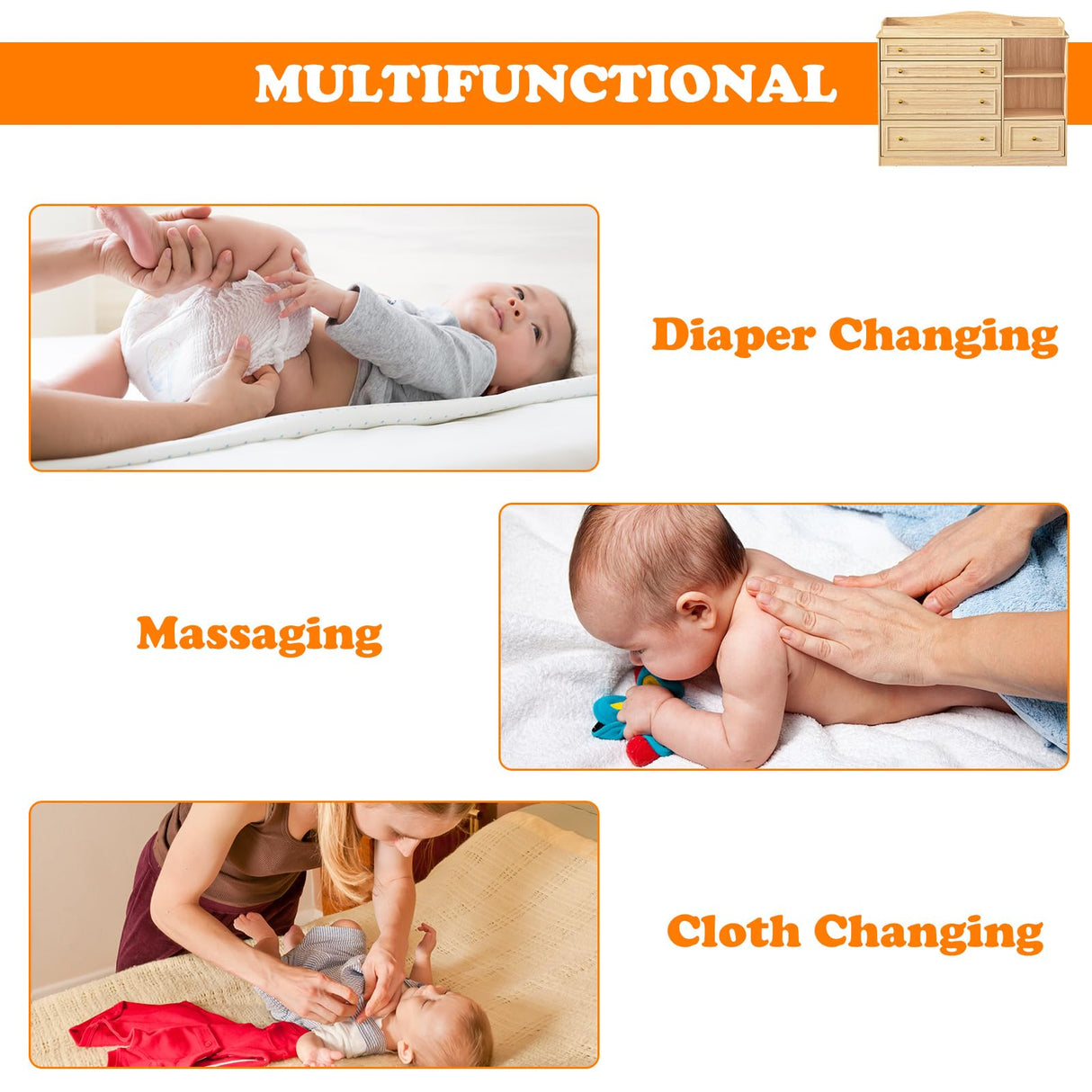 St.Mandyu Wood Changing Table Dresser, Baby Nursery Dresser, Baby Diaper Changing Table, 5 Drawers, Adjustable Shelves, Metal Handle, Curved Wrapping Design, Nature St.Mandyu