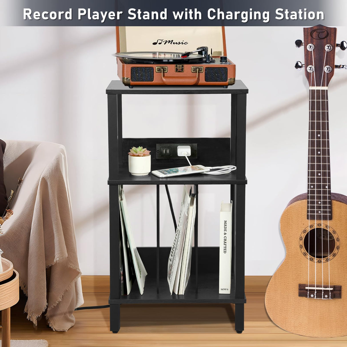 DGSANDGO Record Player Stand with Charging Station, 3 Tier End Table with Vinyl Record Holder, Record Shelf Up to 100 Albums, for Living Room, Bedroom, Office.(Black) DGSANDGO