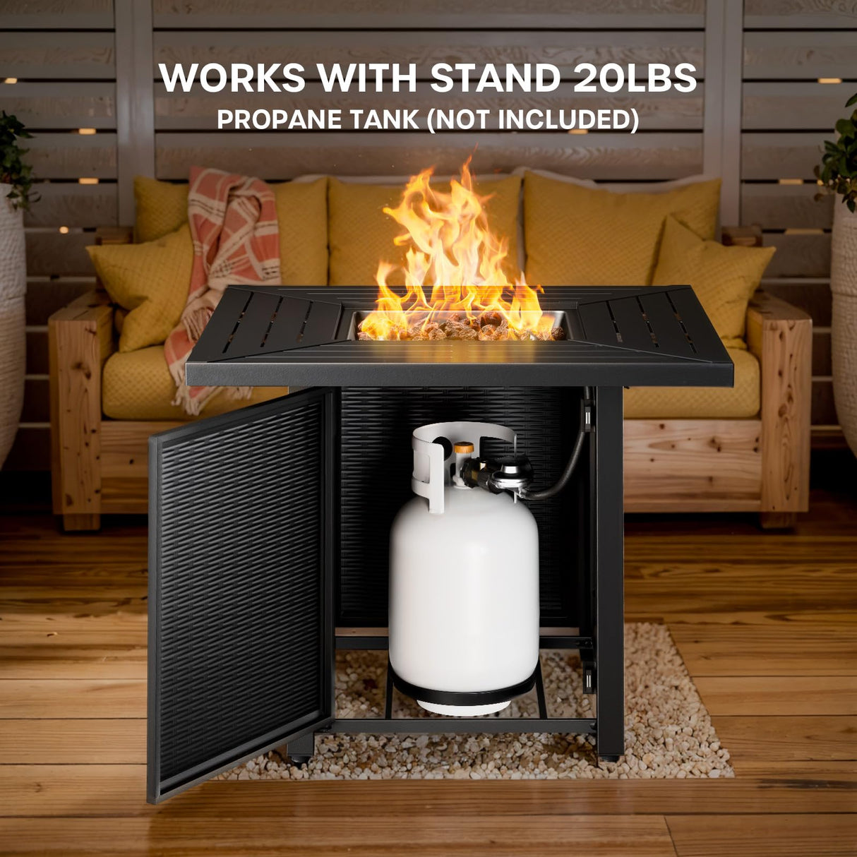 Bellefurn Patio Resin Wicker Furniture Set with Fire Pit Table, PE Rattan Swivel Patio Chairs with Propane Fire Pit Table, Brown Wicker 5PCS Patio Conversation Set Bellefurn